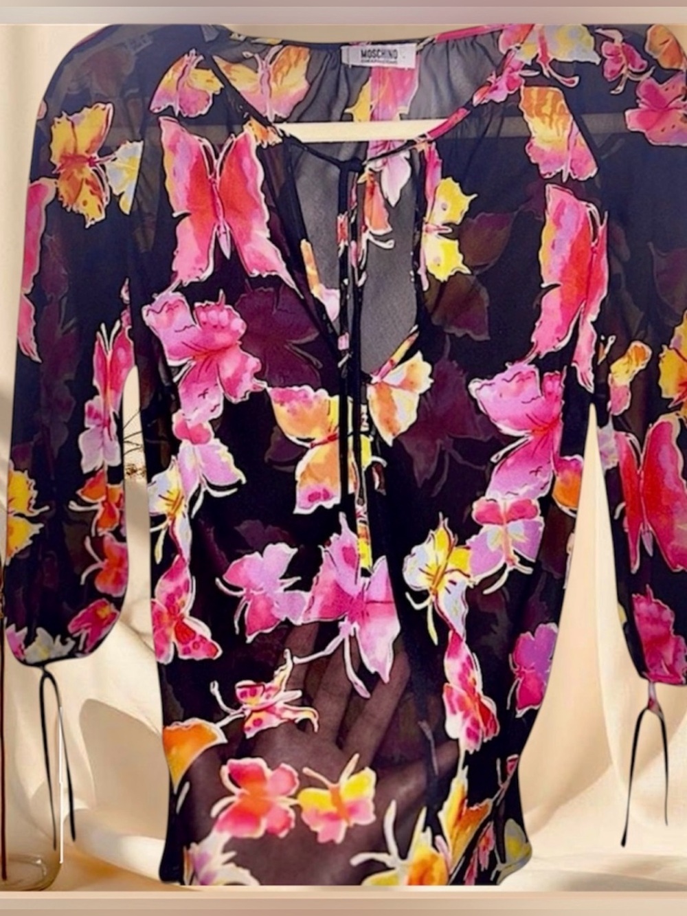 Vintage Moschino Butterfly Print Sheer Blouse Black Pink Y2K Chiffon Top - Picture 9 of 9
